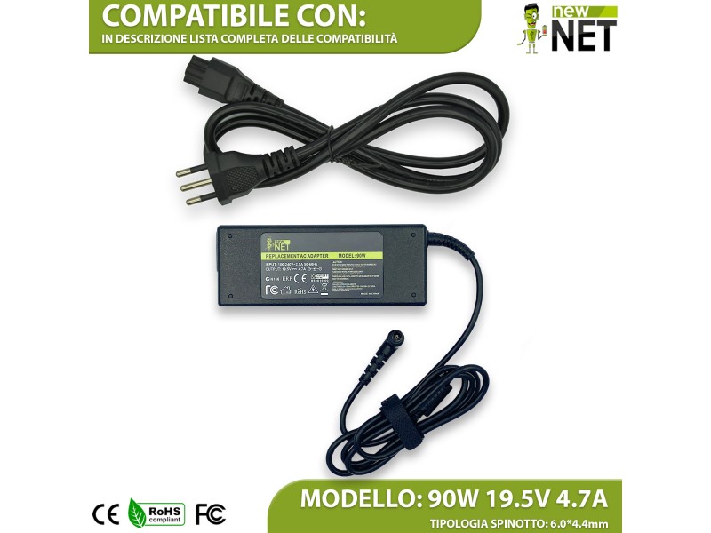 Alimentatore New Net per Sony VAIO 90W – 19.5 V / 4.7 A – 6.0 x 4.4 mm