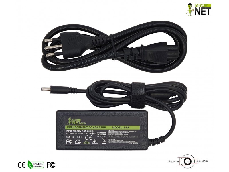 Alimentatore New Net per Dell Vostro / Latitude / Inspiron 65W – 19.5 V / 3.34 A – 4.5 x 3.0 mm