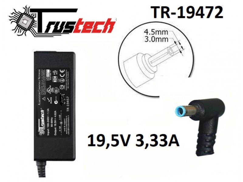 Alimentatore Trustech per HP 19.5V 3,33A 4.5 x 3.0mm TR-19472