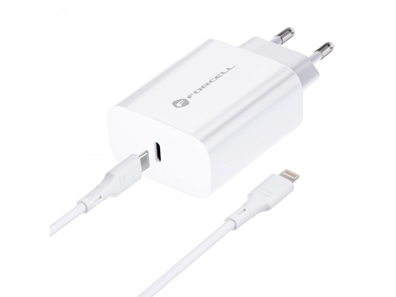 Caricabatterie Forcell USB Type-C con Cavo Lightning 1,2Mt PD 20W QC 3A Bianco