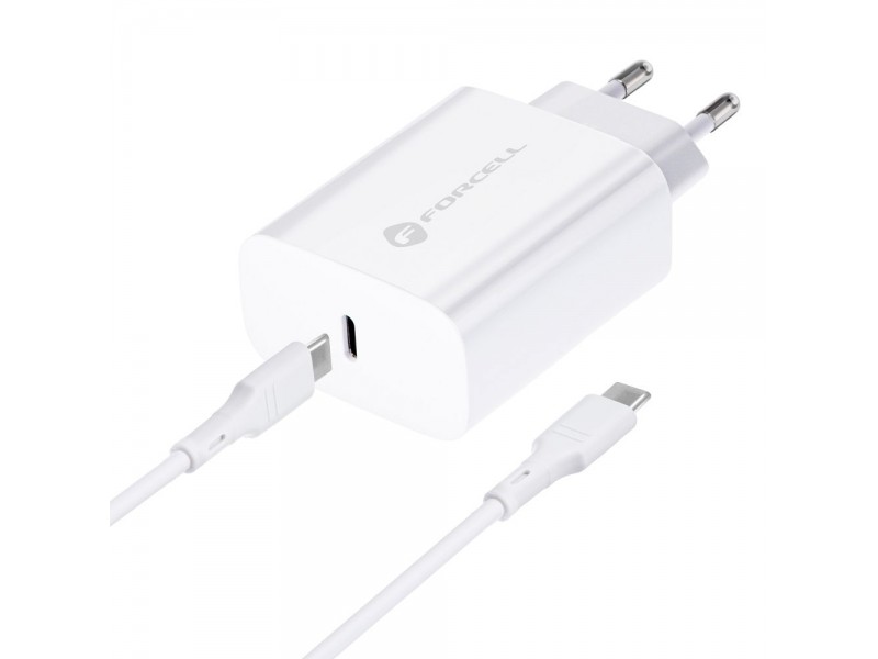 Caricabatterie Forcell USB Type-C con Cavo USB-C 1Mt PD 25W  QC 3A Bianco