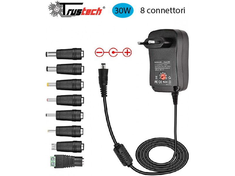 Alimentatore Universale Variabile 3V-12V 30W 8Tips Trustech TR-25053 Nero