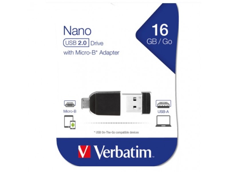 Pendrive 16Gb Verbatim 49821 Nano Usb 2.0 con adattatore Micro USB Nero